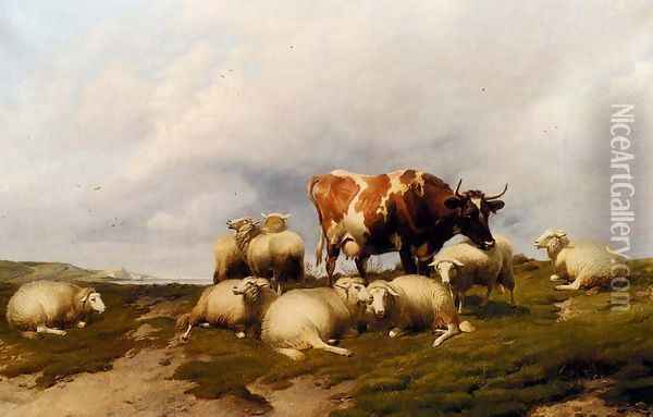 A Cow And Sheep On The Cliffs Oil Painting - Thomas Sidney Cooper