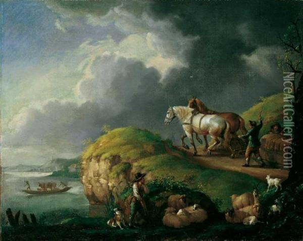 Flusslandschaft Mit Pferdegespann. Oil Painting - Pieter Wouwermans or Wouwerman