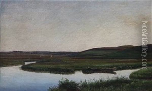 Landscape With A Boat On A River Oil Painting - Janus la Cour