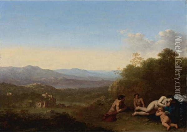 An Italianate Landscape With Venus And Cupid Sleeping, Two Satyrs Observing From Behind Oil Painting - Cornelis Van Poelenburch
