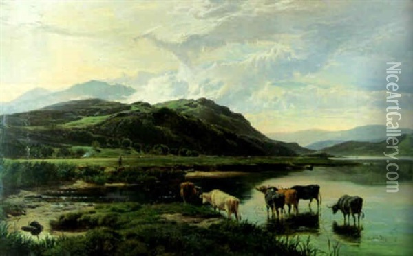 Cattle Watering In Welsh Valley Oil Painting - Sidney Richard Percy