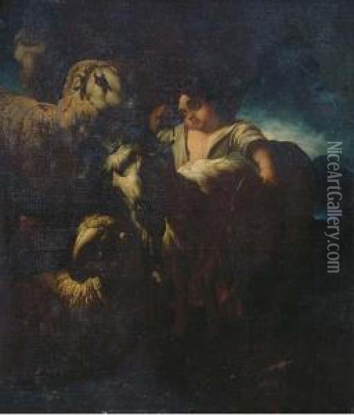 A Shepherd And His Flock In A Moonlit Landscape Oil Painting - Domenico Brandi
