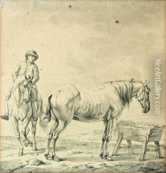 Ruiter Te Paard Met Werkpaard Bij Voederbak Oil Painting - Tethart Philip Christiaan Haag