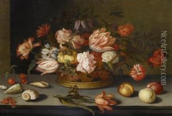 Still Life With Flowers In Aplaited Basket Oil Painting - Balthasar Van Der Ast