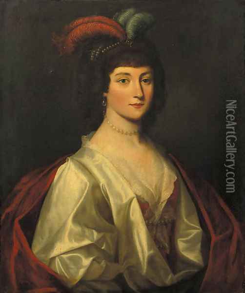 Portrait of a noblewoman, said to be Sophie von Braunschweig Lunneburg, Kurfarstin of Hannover (1630-1714), half length, wearing a white silk dress Oil Painting - Gerrit Van Honthorst