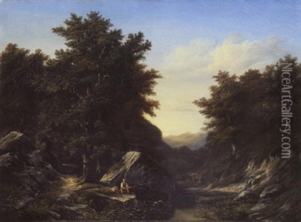 Bewaldete Bachlandschaft Mit Angler Oil Painting - Charles Samuel Delapeine