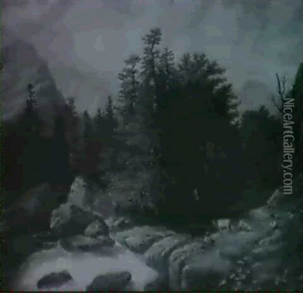 Bewaldete Gebirgslandschaft Mit Felsvorsprungen, Durch Die  Ein Wildbach Fliesst Oil Painting - August Oeser