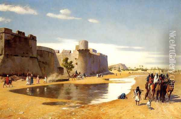 An Arab Caravan outside a Fortified Town, Egypt Oil Painting - Jean-Leon Gerome