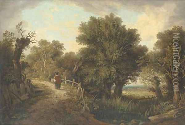 Figure by a pond in a wooded landscape Oil Painting - James Sillett