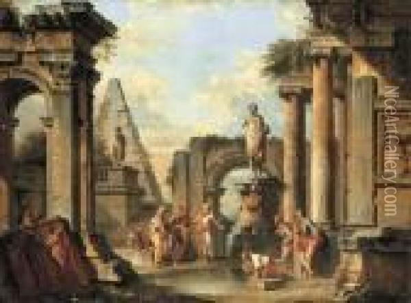 A Capriccio Of Classical Ruins With Diogenes Throwing Away Hiscup Oil Painting - Giovanni Niccolo Servandoni