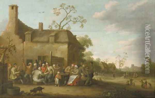 Peasants merry-making before a farmhouse Oil Painting - Joost Cornelisz. Droochsloot