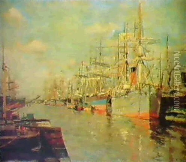 Bateaux Dans Un Port Oil Painting - Edmond Marie Petitjean
