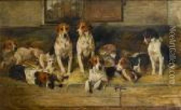 Hounds And A Terrier On A Bench Oil Painting - John Emms