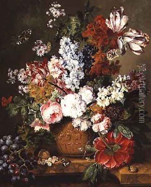 Fruit and Flowers on a Marble Ledge 1812 Oil Painting - Johannes or Jacobus Linthorst