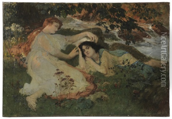 Two Women Resting By A River Oil Painting - Frederick Arthur Bridgman