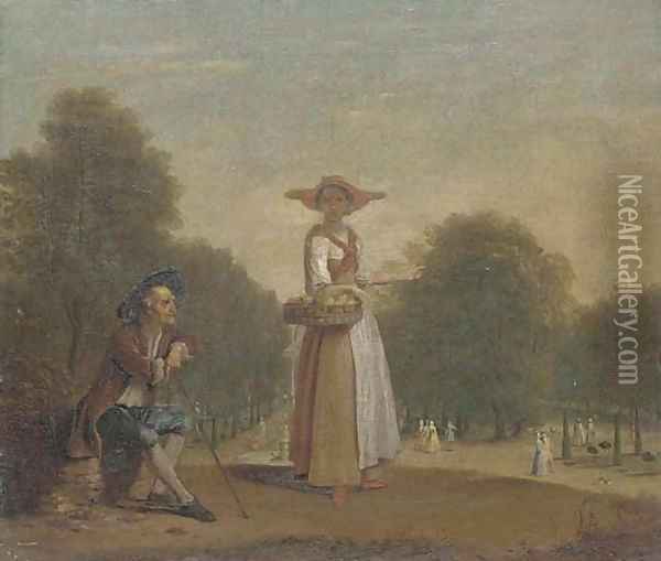 A lady selling peaches in a formal garden with an old man seated, elegant figures beyond Oil Painting - Balthasar Nebot