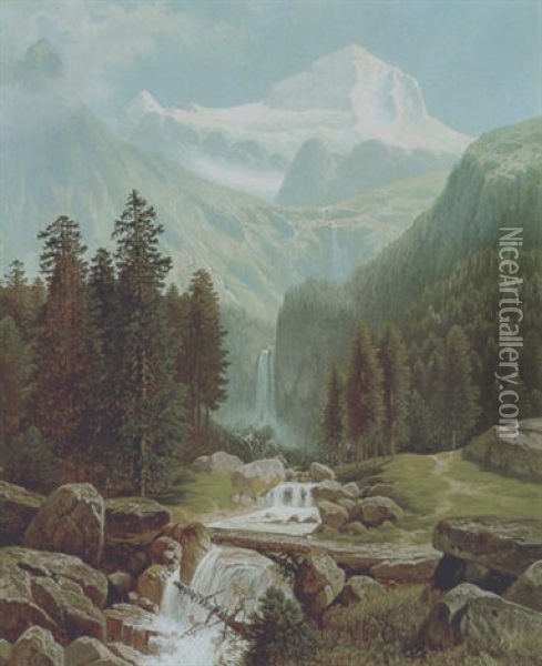 Blick In Das Lauterbacher Tal Mit Wasserfallen Und Jungfrau Massiv Oil Painting - Theodor (Wilhelm T.) Nocken