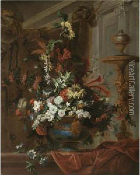 Still Life With A Bouquet Of 
Flowers In An Elaborate Brass Urn Standing In A Palatial Interior Oil Painting - Jean Baptiste Belin de Fontenay