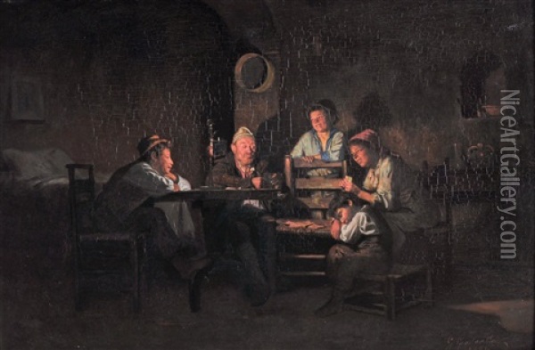 Una Partita A Carte In Famiglia Oil Painting - Giuseppe Costantini
