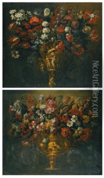 A Pair Of Flower Still Lifes In Sculpted Vases, Flanked By Sculpted Scrollwork (pair) Oil Painting - Gabriel de LaCorte