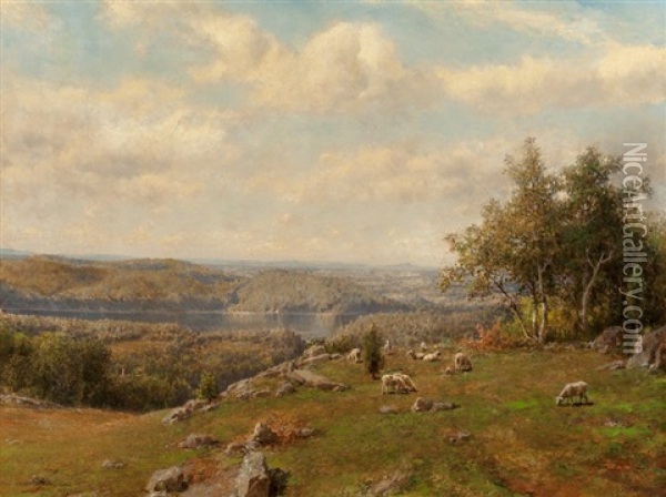 Lake Landscape With Sheep Oil Painting - Henry A. Ferguson