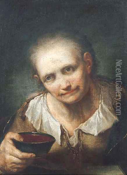 An old woman, holding a bowl Oil Painting - Giuseppe Nogari
