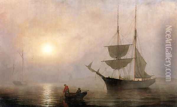 Ship in a Fog, Gloucester Harbor Oil Painting - Fitz Hugh Lane