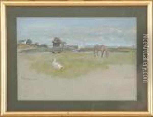 Scenery With A Horse And A Goose Oil Painting - Viggo Johansen