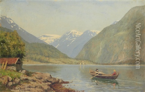 Figures In A Rowing Boat On A Fjord Oil Painting - Hans Dahl