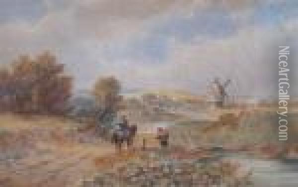 Landscape With Windmill And Travellers Oil Painting - David Cox