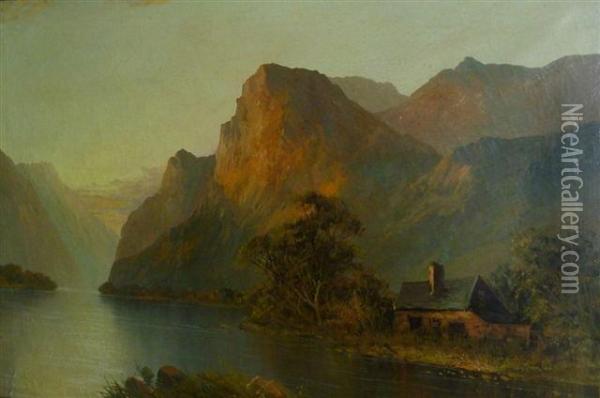 A Loch And Highland Landscape With A Cottage At Sunset Oil Painting - Frank E. Jameson