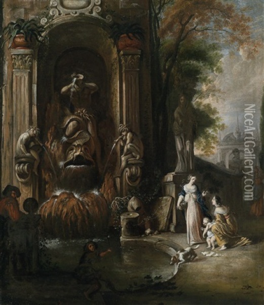 Zwei Frauen Mit Einem Kind Und Zwei Manner An Einer Prachtigen Brunnenanlage Oil Painting - Johann Spillenberger
