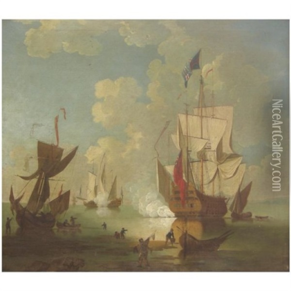 The Evening Gun, A British Man-of-war And Other Shipping In A Calm Oil Painting - Peter Monamy