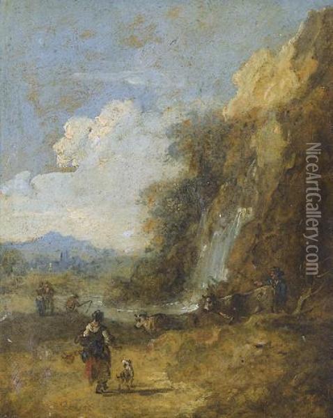 Capriccio Mit Wasserfall, Kuhen Und Figurenstaffage Oil Painting - Francesco Zuccarelli