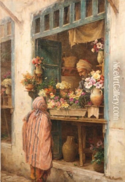 Le Marchand De Fleurs A Tunis Oil Painting - Cecile Augustine Bougourd