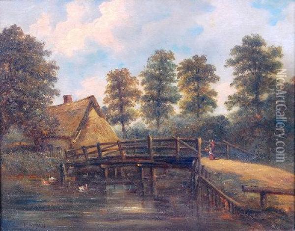 East Anglian Landscape With Figure, Bridge And Thatched Cottage Oil Painting - Christopher Mark Maskell