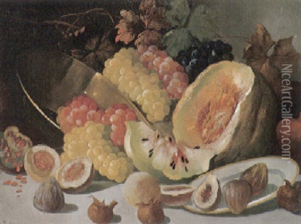 Obststilleben Mit Trauben, Melone, Feigen, Teller Und Messingschale Oil Painting - Arthur (Artur) Toelgyessy