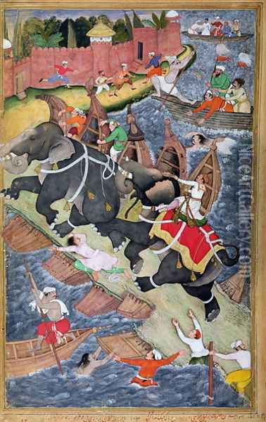 Akbar tames the Savage Elephant, Hawa'i, outside the Red Fort at Agra, miniature from the 'Akbarnama' of Abul Fazl, c.1590 Oil Painting - Basawan and Chatai