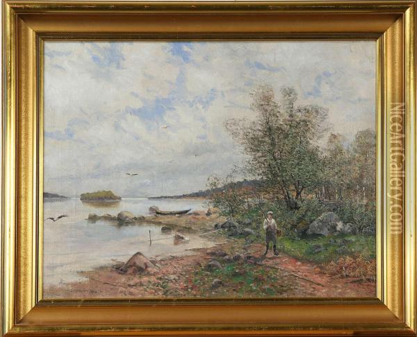 Strandlandskap Med Figur - Sommar, Signerad O Daterad O. Larsson 1900 Oil Painting - Ola Larsson