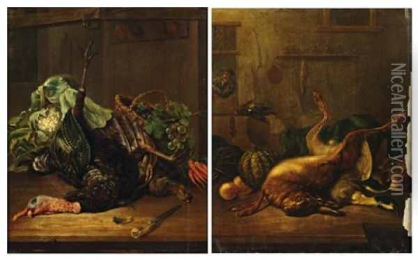 Nature Morte Au Lievre Mort(+ Nature Morte Au Dindon Mort Et Legumes; Pair) Oil Painting - Johannes Esman