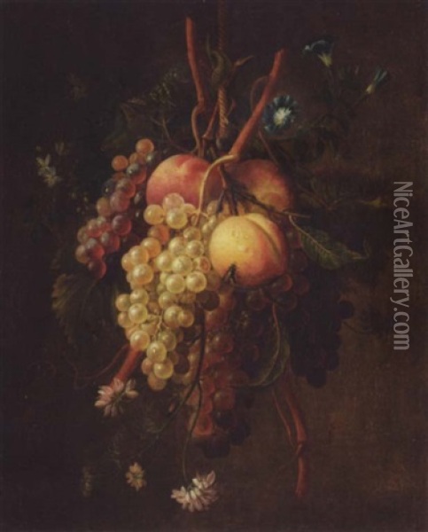 A Still Life Of Grapes, Peaches And Flowers Suspended From A Rope Oil Painting - Francois-Nicolas Laurent