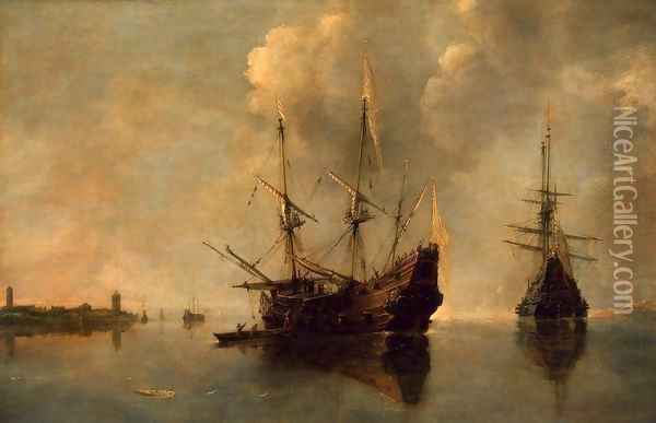 Two Ships at Anchor Oil Painting - Andries Van Eertvelt
