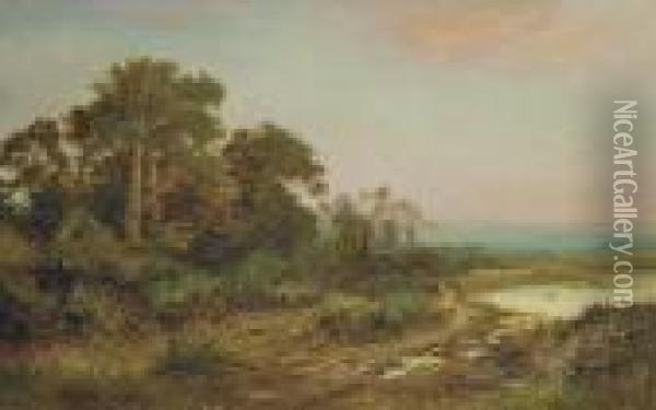 A Wooded Landscape With A Lake Oil Painting - Daniel Sherrin