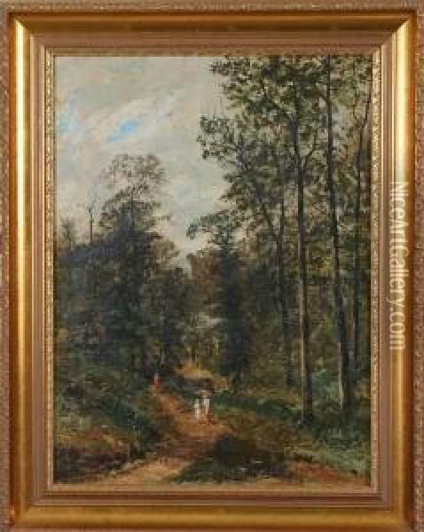 Woodland Interior With Figures On Path Oil Painting - Christopher H. Shearer