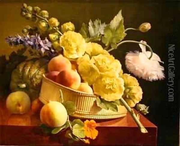 Peaches and Hollyhocks Oil Painting - Antoine Berjon