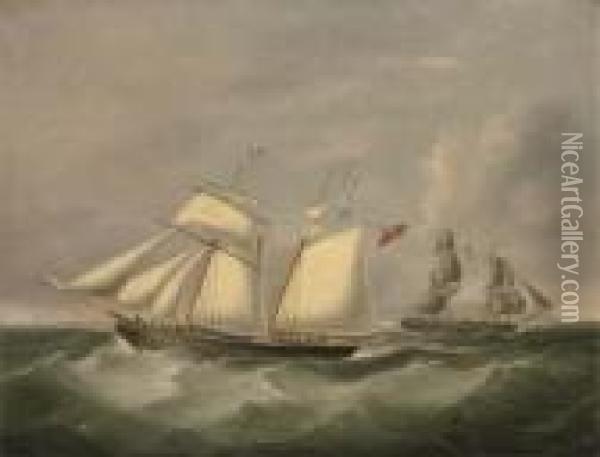 The Topsail Schooner Crescent Passing The Brig Jane Offholyhead Oil Painting - Joseph Heard