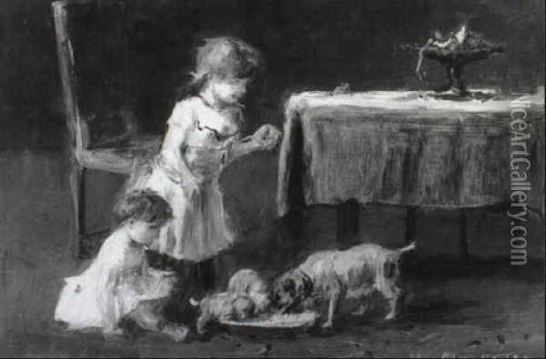 Futterung Der Kleinen Hunde Oil Painting - Mihaly Munkacsy