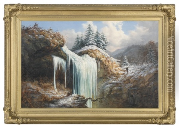 A Hunter Near A Frozen Waterfall Oil Painting - William Charles Anthony Frerichs