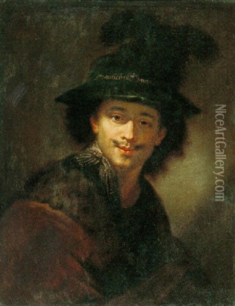 Portrait Of A Man Wearing A Plumed Hat Oil Painting - Alexis Grimou