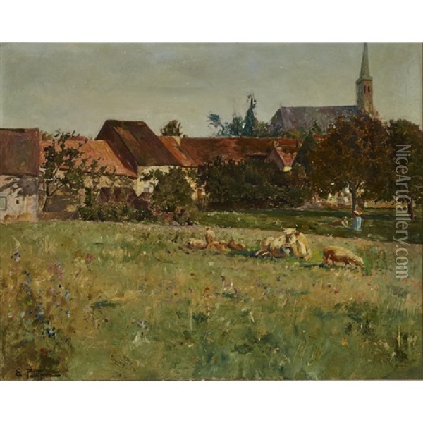A Village Pasture With Cows Oil Painting - Edmond Marie Petitjean